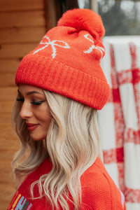 Rested & Ready Bow Detail Pom Pom Beanie (Red) - NanaMacs