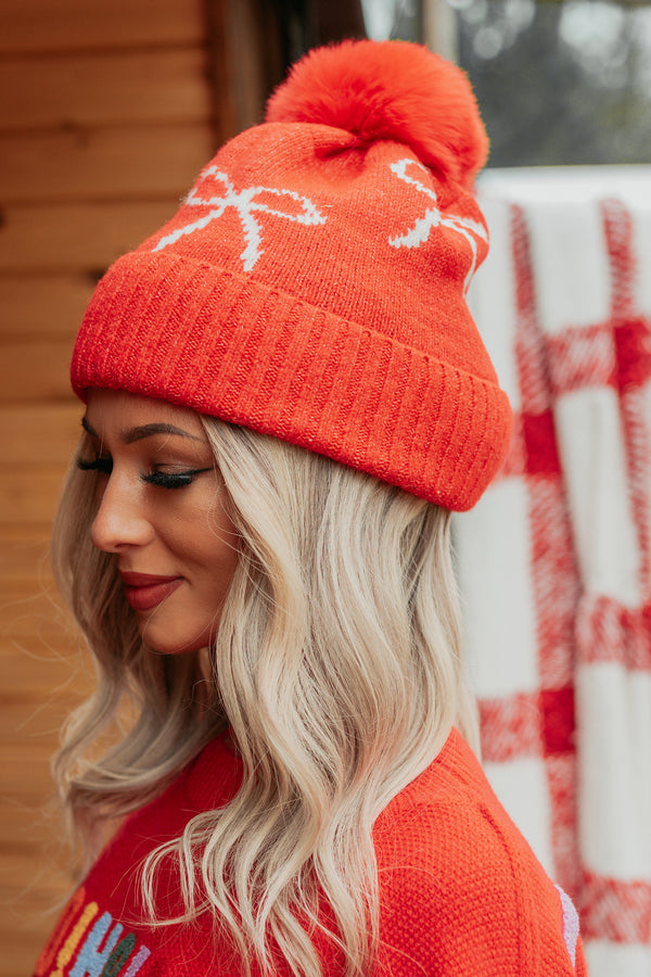 Rested & Ready Bow Detail Pom Pom Beanie (Red) - NanaMacs
