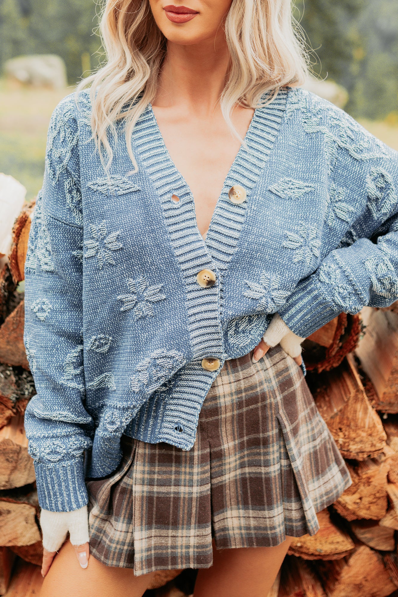 Just Sunday Knit Vintage Print Cardigan (Blue) - NanaMacs