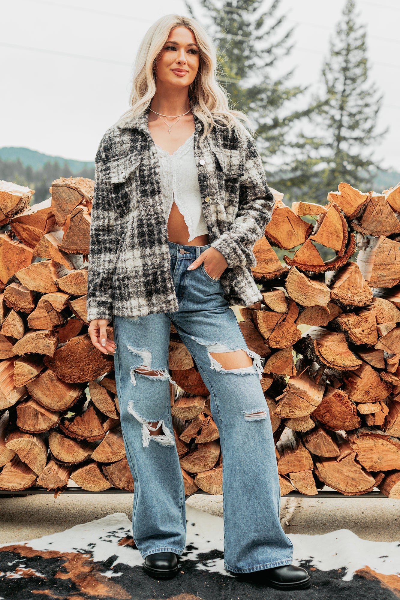 Deadline Driven Plaid Boucle Button-Up Jacket (Black) - NanaMacs