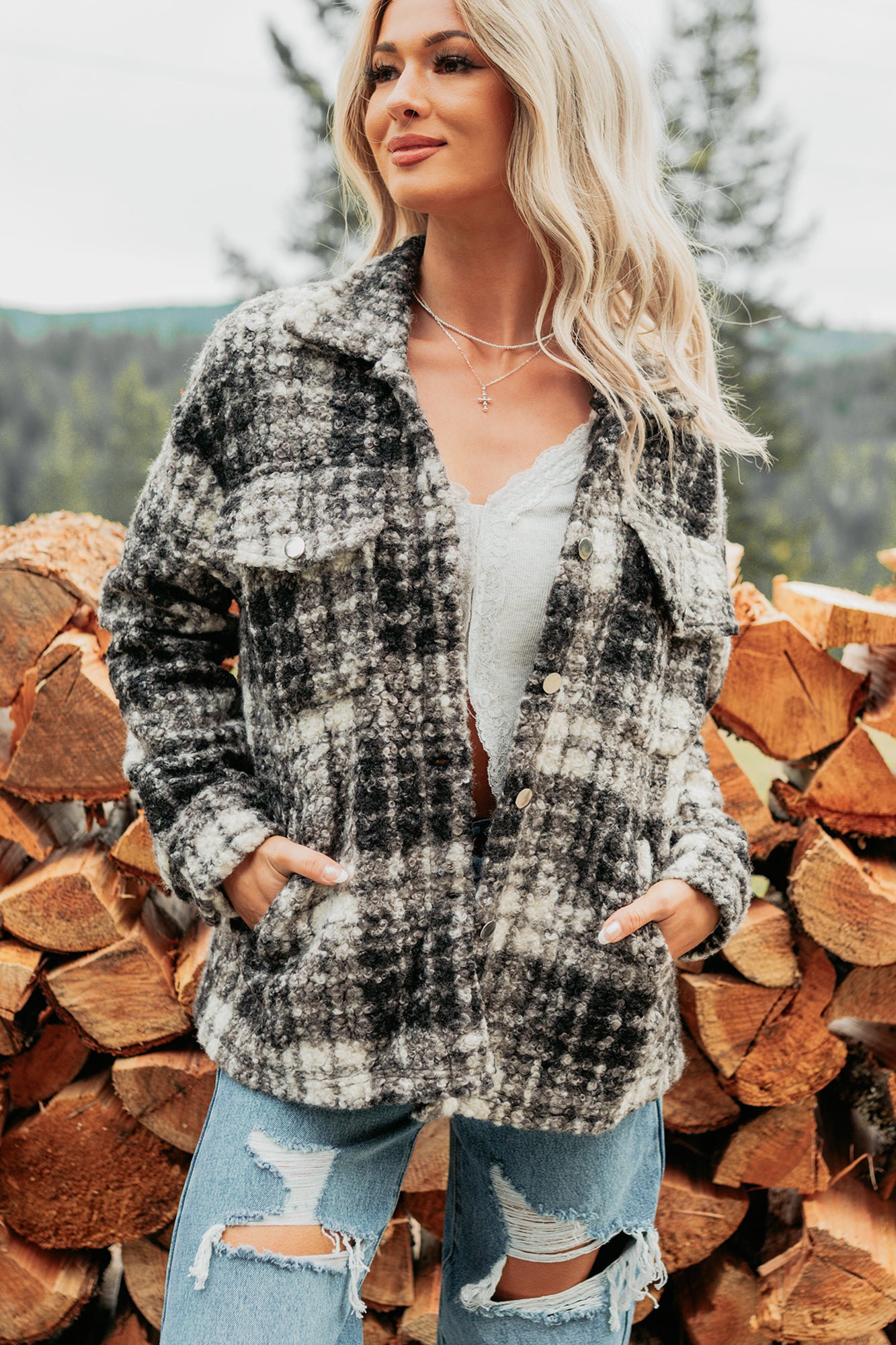 Deadline Driven Plaid Boucle Button-Up Jacket (Black) - NanaMacs