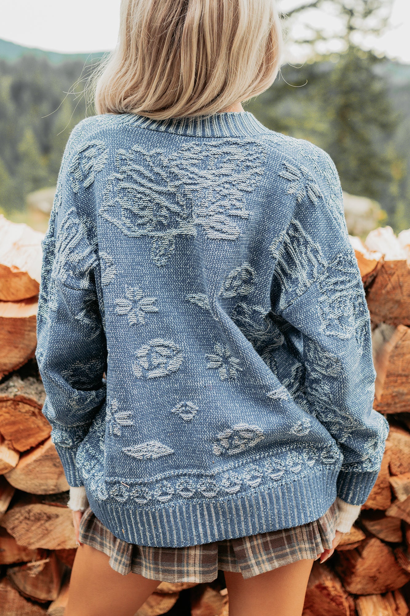 Just Sunday Knit Vintage Print Cardigan (Blue) - NanaMacs