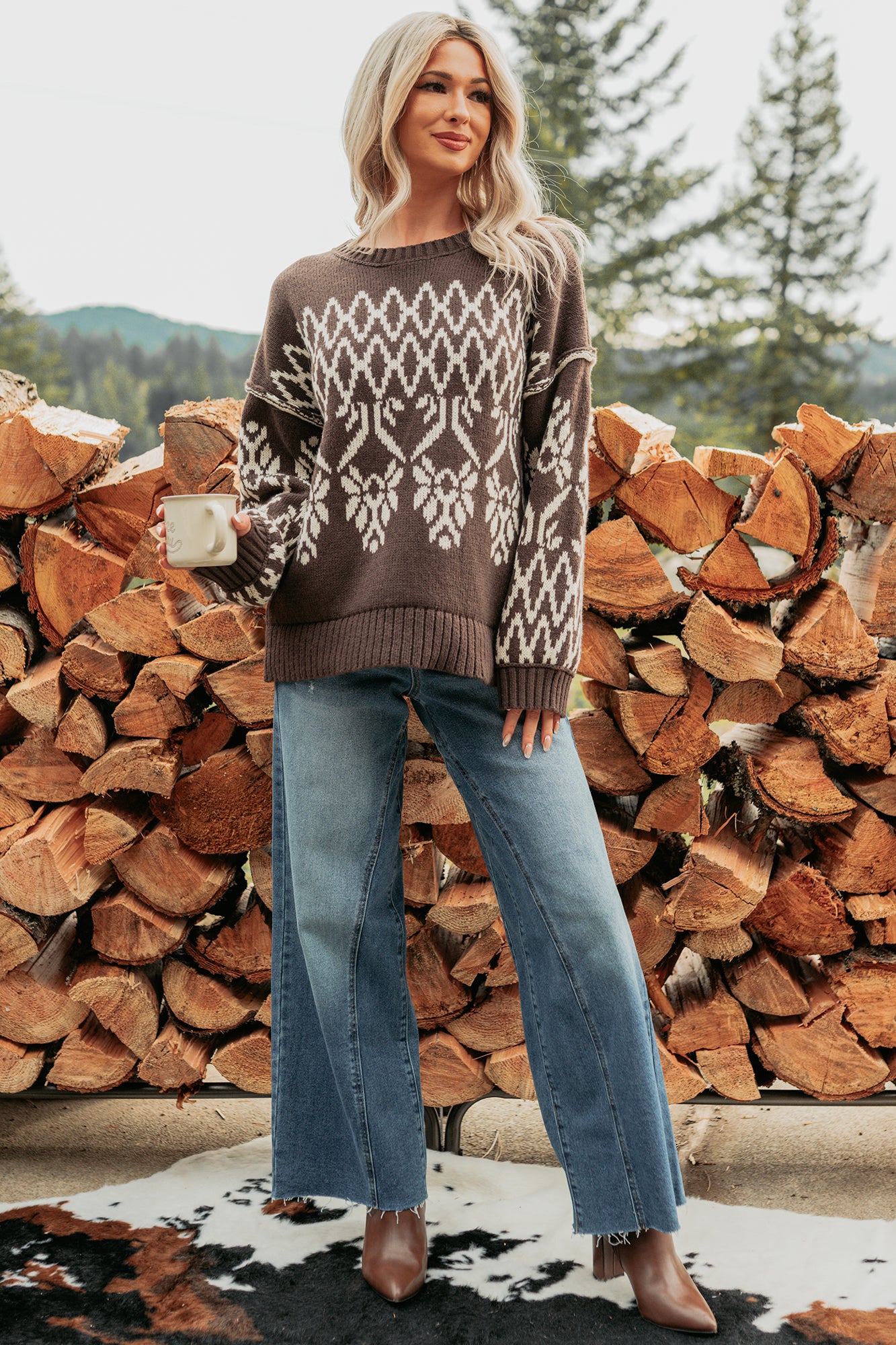 Life At Ease Fair Isle Knit Sweater (Charcoal Brown) - NanaMacs