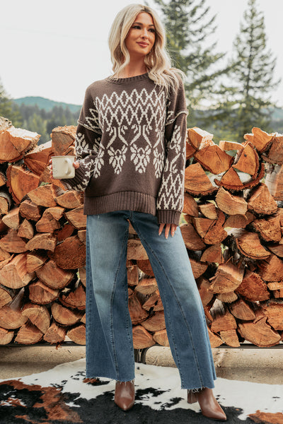 Life At Ease Fair Isle Knit Sweater (Charcoal Brown) - NanaMacs