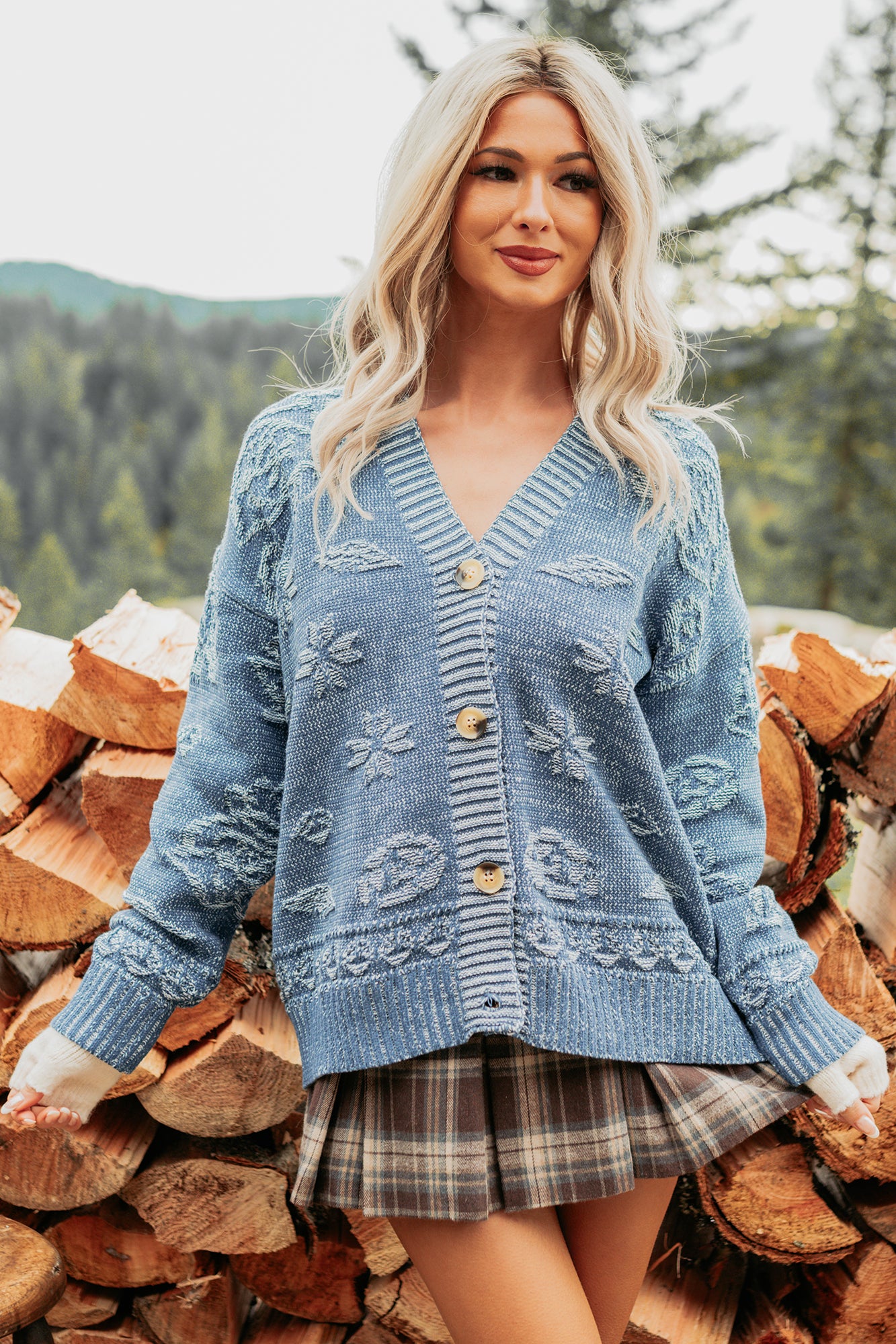 Just Sunday Knit Vintage Print Cardigan (Blue) - NanaMacs