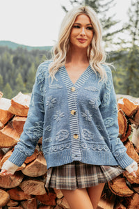 Just Sunday Knit Vintage Print Cardigan (Blue) - NanaMacs