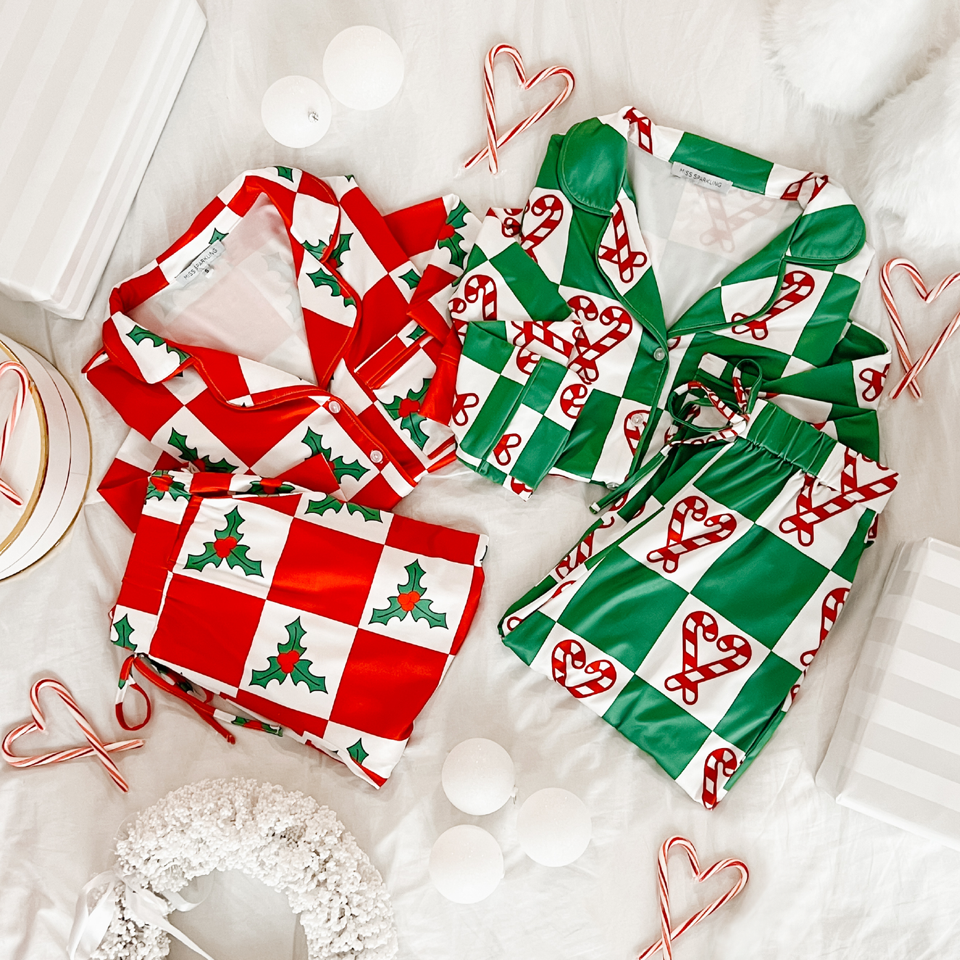 On Christmas Morning Candy Cane Printed Pajama Set (Green)