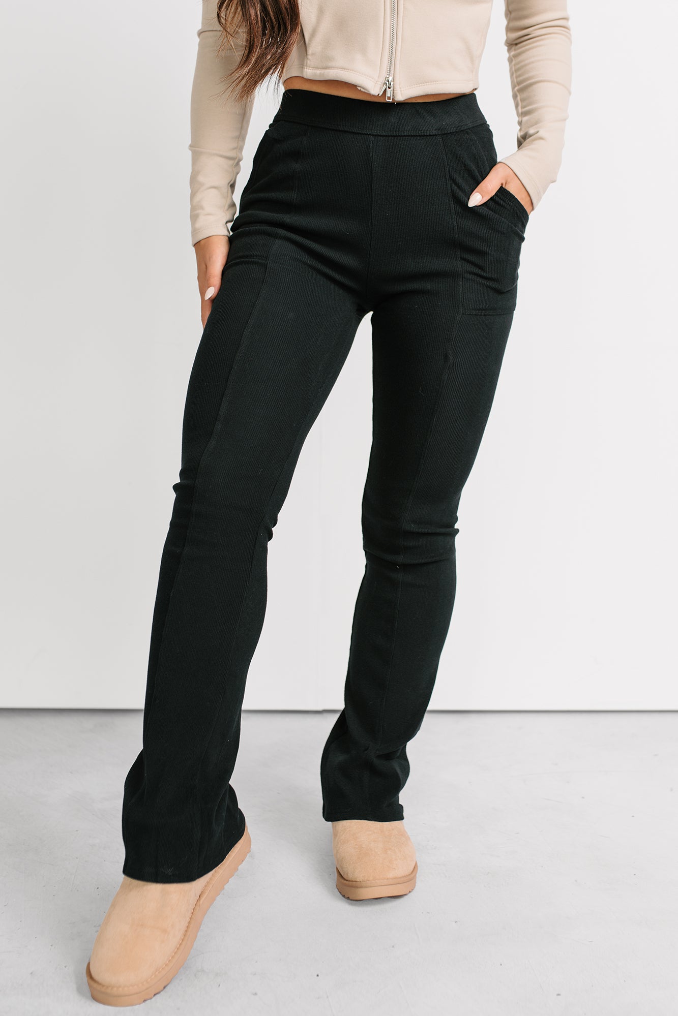 Daily Rituals Ribbed High Rise Flare Leggings (Black) - NanaMacs