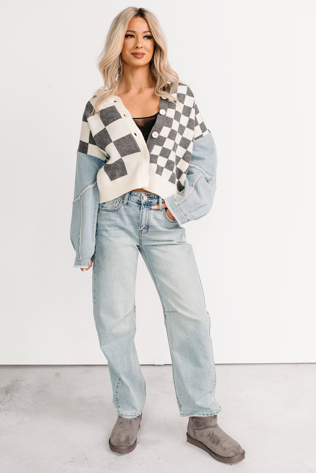 Wild Out Checkered Knit Denim Sleeve Cardigan (Charcoal) - NanaMacs