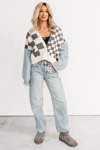 Wild Out Checkered Knit Denim Sleeve Cardigan (Charcoal) - NanaMacs