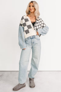 Wild Out Checkered Knit Denim Sleeve Cardigan (Charcoal) - NanaMacs