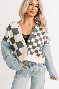 Wild Out Checkered Knit Denim Sleeve Cardigan (Charcoal) - NanaMacs