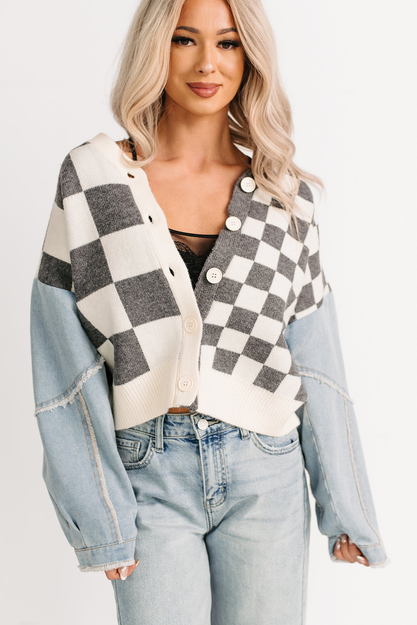 Wild Out Checkered Knit Denim Sleeve Cardigan (Charcoal) - NanaMacs