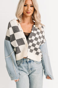 Wild Out Checkered Knit Denim Sleeve Cardigan (Charcoal) - NanaMacs
