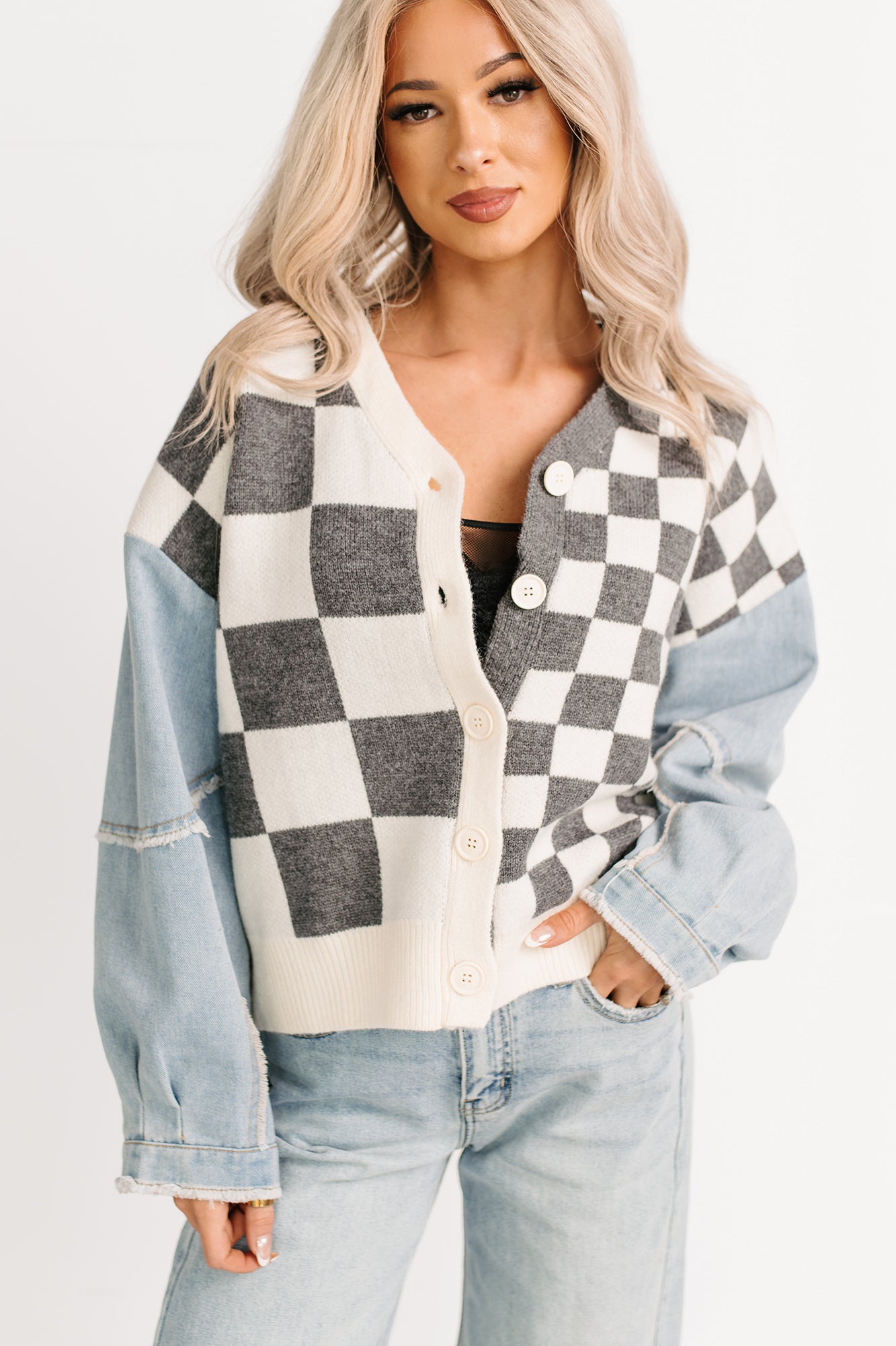 Wild Out Checkered Knit Denim Sleeve Cardigan (Charcoal) - NanaMacs