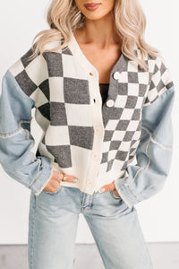 Wild Out Checkered Knit Denim Sleeve Cardigan (Charcoal) - NanaMacs