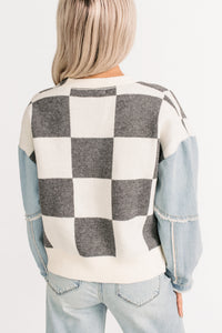 Wild Out Checkered Knit Denim Sleeve Cardigan (Charcoal) - NanaMacs