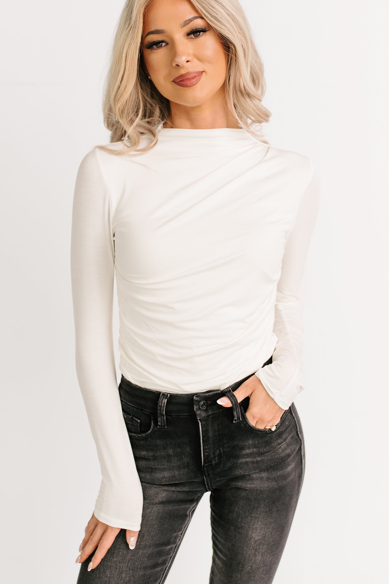 If You Knew Mock Neck Long Sleeve Top (Ivory) - NanaMacs