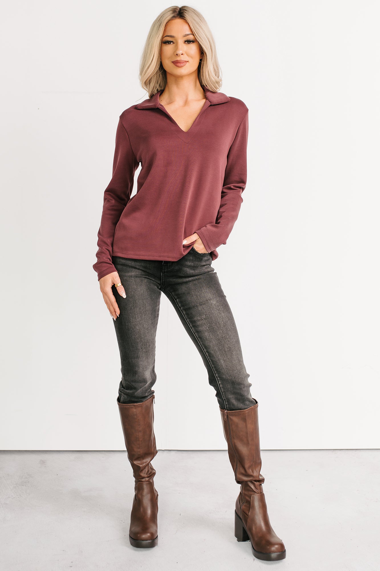 Honest Mood Collared V Neck Long Sleeve Top (Maroon) - NanaMacs
