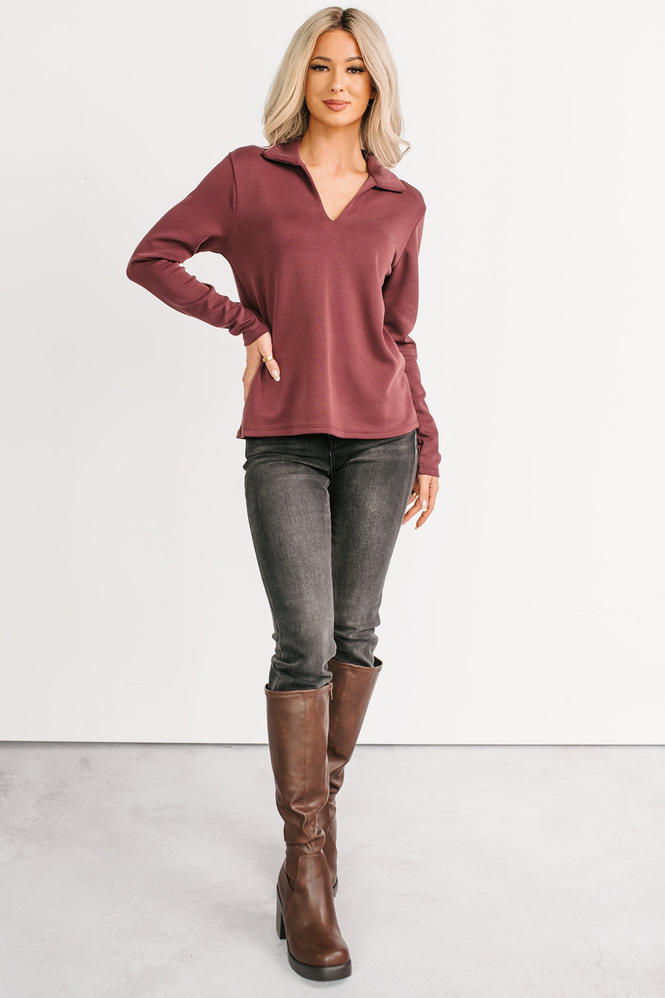 Honest Mood Collared V Neck Long Sleeve Top (Maroon) - NanaMacs