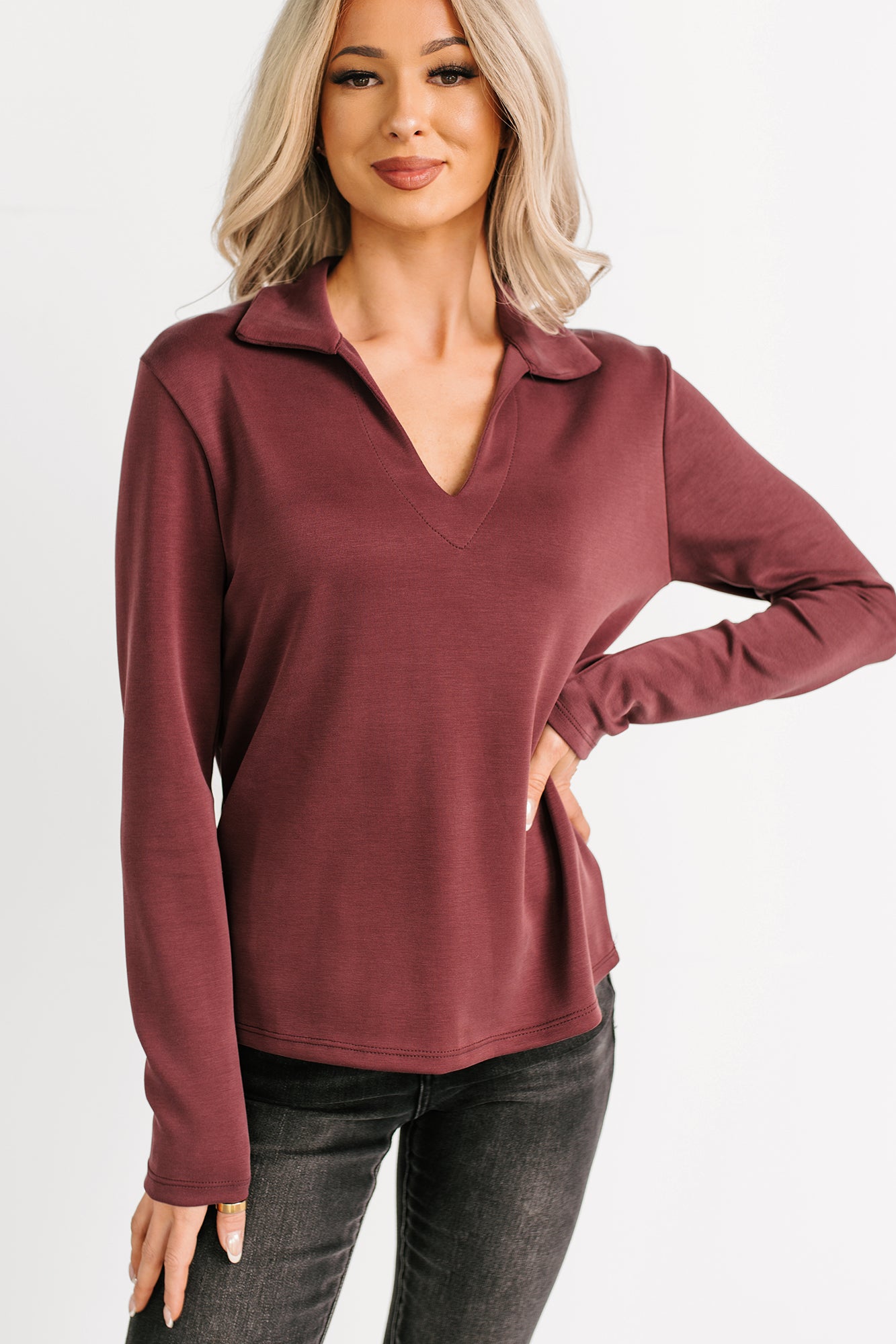 Honest Mood Collared V Neck Long Sleeve Top (Maroon) - NanaMacs