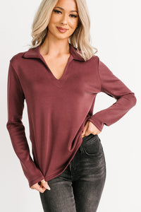 Honest Mood Collared V Neck Long Sleeve Top (Maroon) - NanaMacs