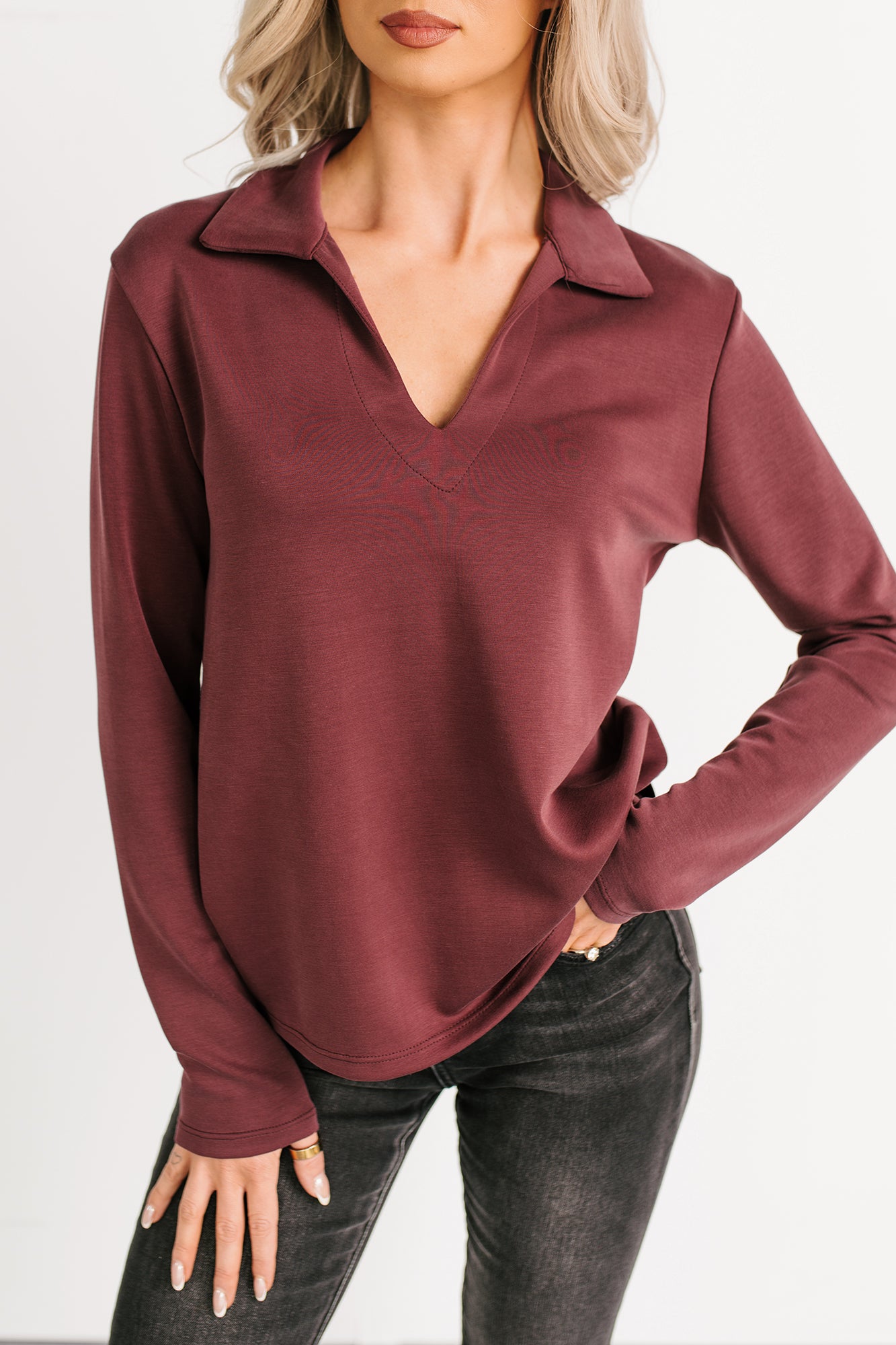 Honest Mood Collared V Neck Long Sleeve Top (Maroon) - NanaMacs