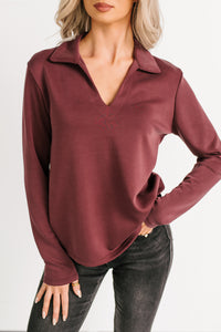 Honest Mood Collared V Neck Long Sleeve Top (Maroon) - NanaMacs
