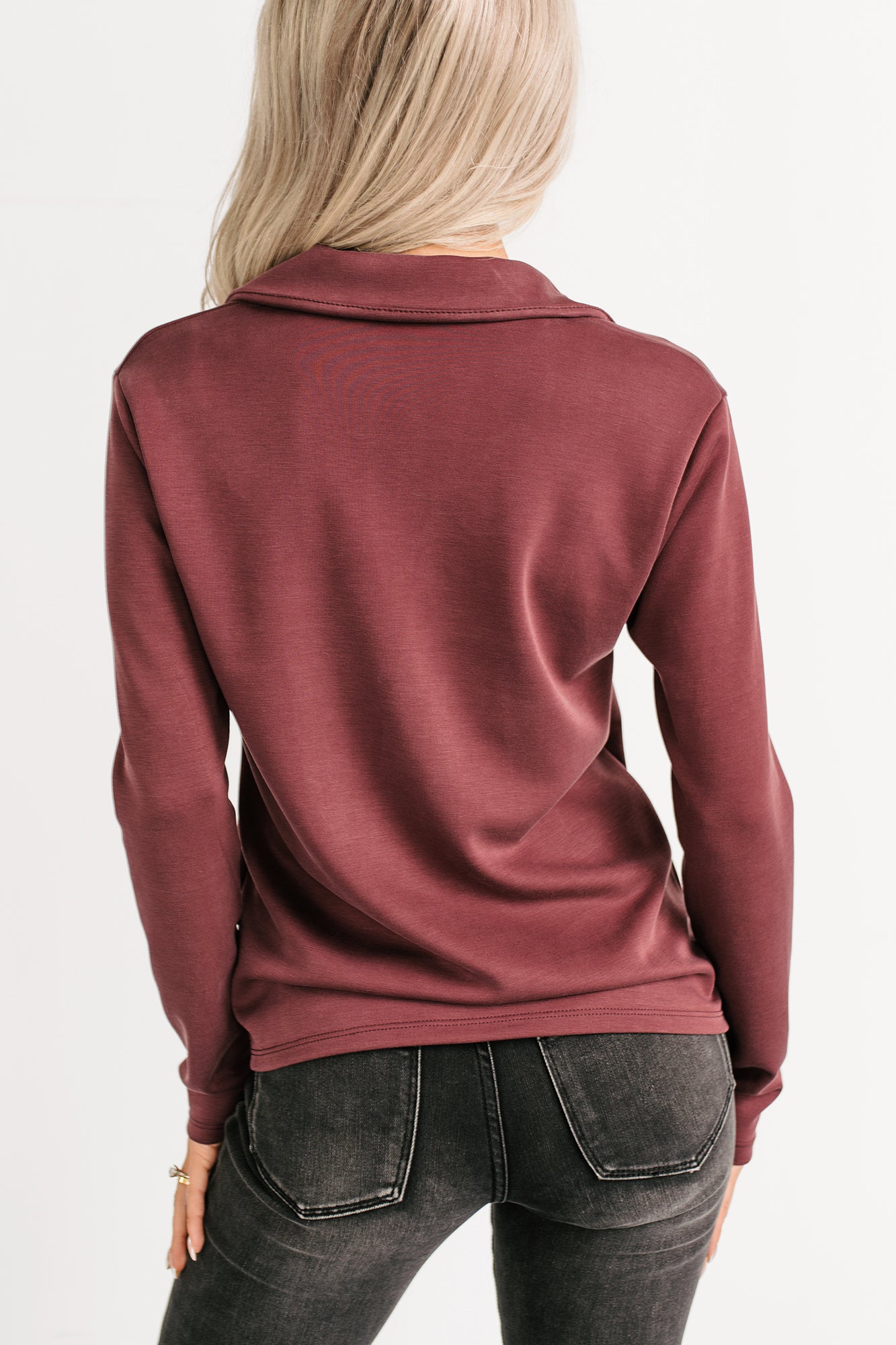 Honest Mood Collared V Neck Long Sleeve Top (Maroon) - NanaMacs