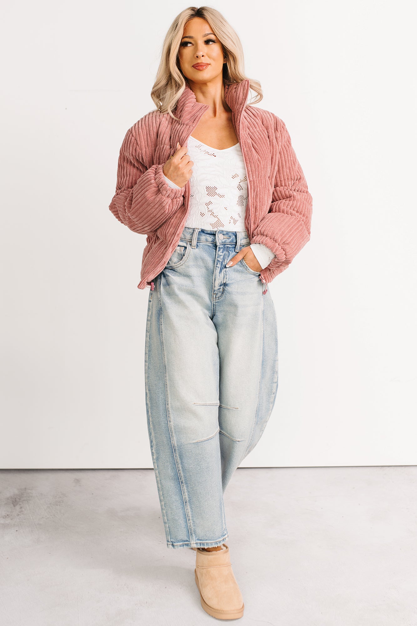 Purely Casual Corduroy Puffer Jacket (Mauve) - NanaMacs