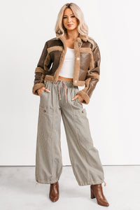 She’s Fire Faux Leather Fur Trim Crop Jacket (Chocolate) - NanaMacs