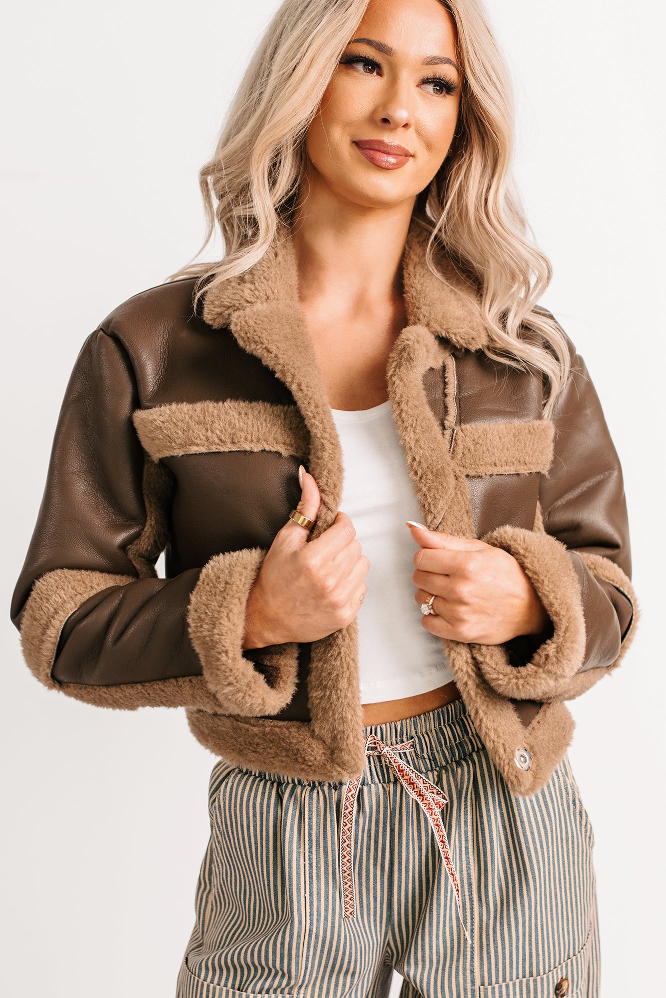 She’s Fire Faux Leather Fur Trim Crop Jacket (Chocolate) - NanaMacs
