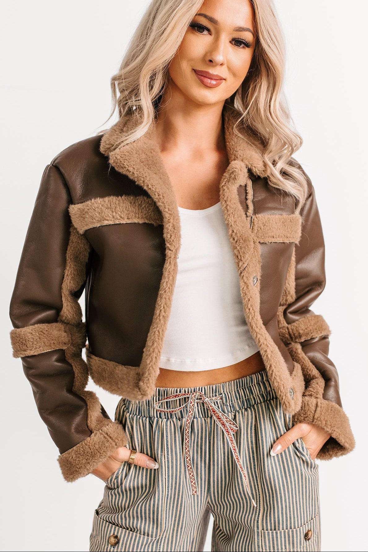 She’s Fire Faux Leather Fur Trim Crop Jacket (Chocolate) - NanaMacs
