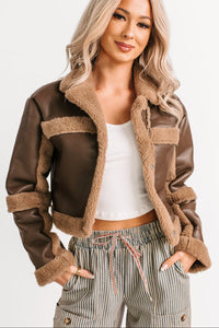 She’s Fire Faux Leather Fur Trim Crop Jacket (Chocolate) - NanaMacs