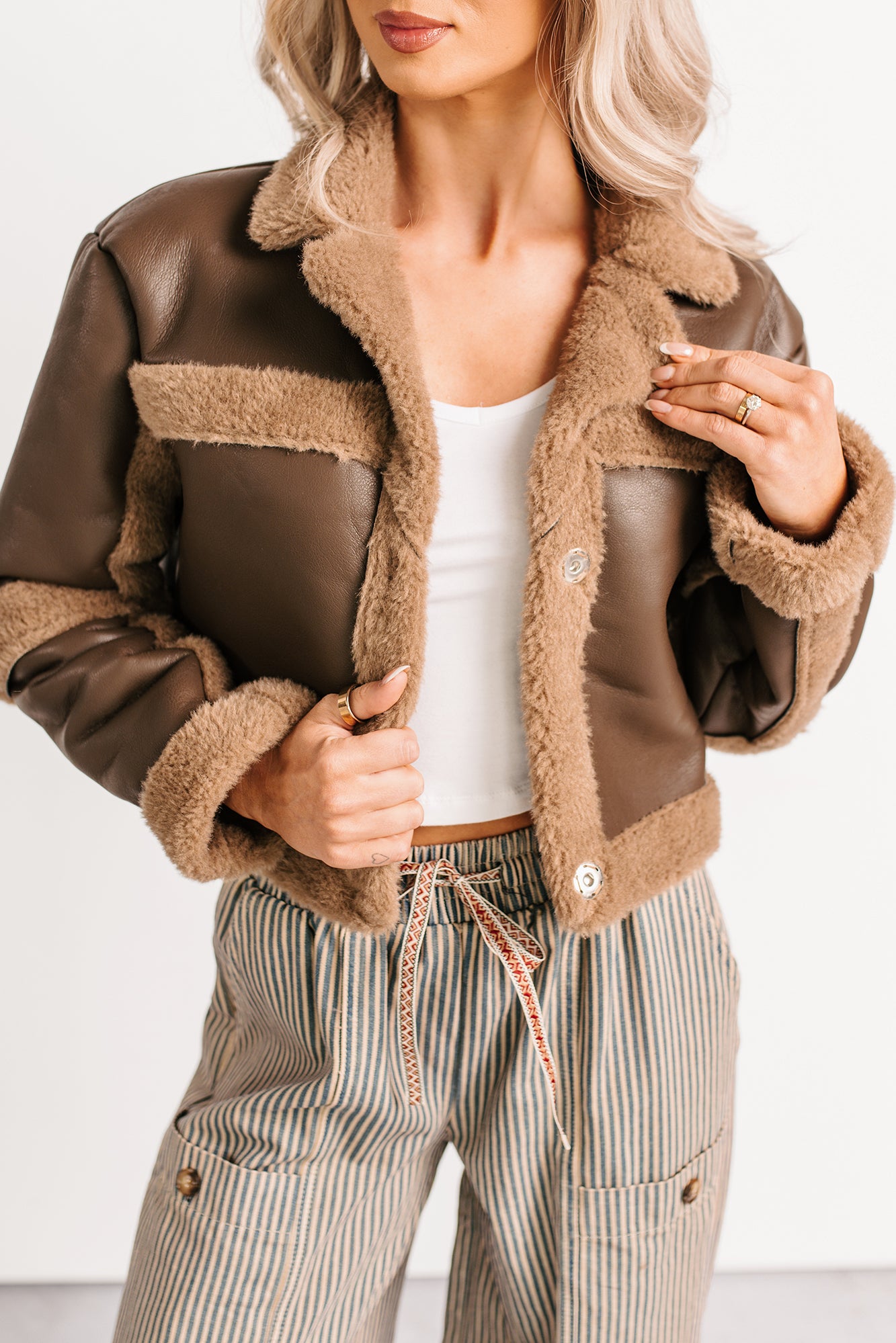 She’s Fire Faux Leather Fur Trim Crop Jacket (Chocolate) - NanaMacs