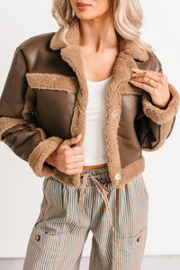 She’s Fire Faux Leather Fur Trim Crop Jacket (Chocolate) - NanaMacs