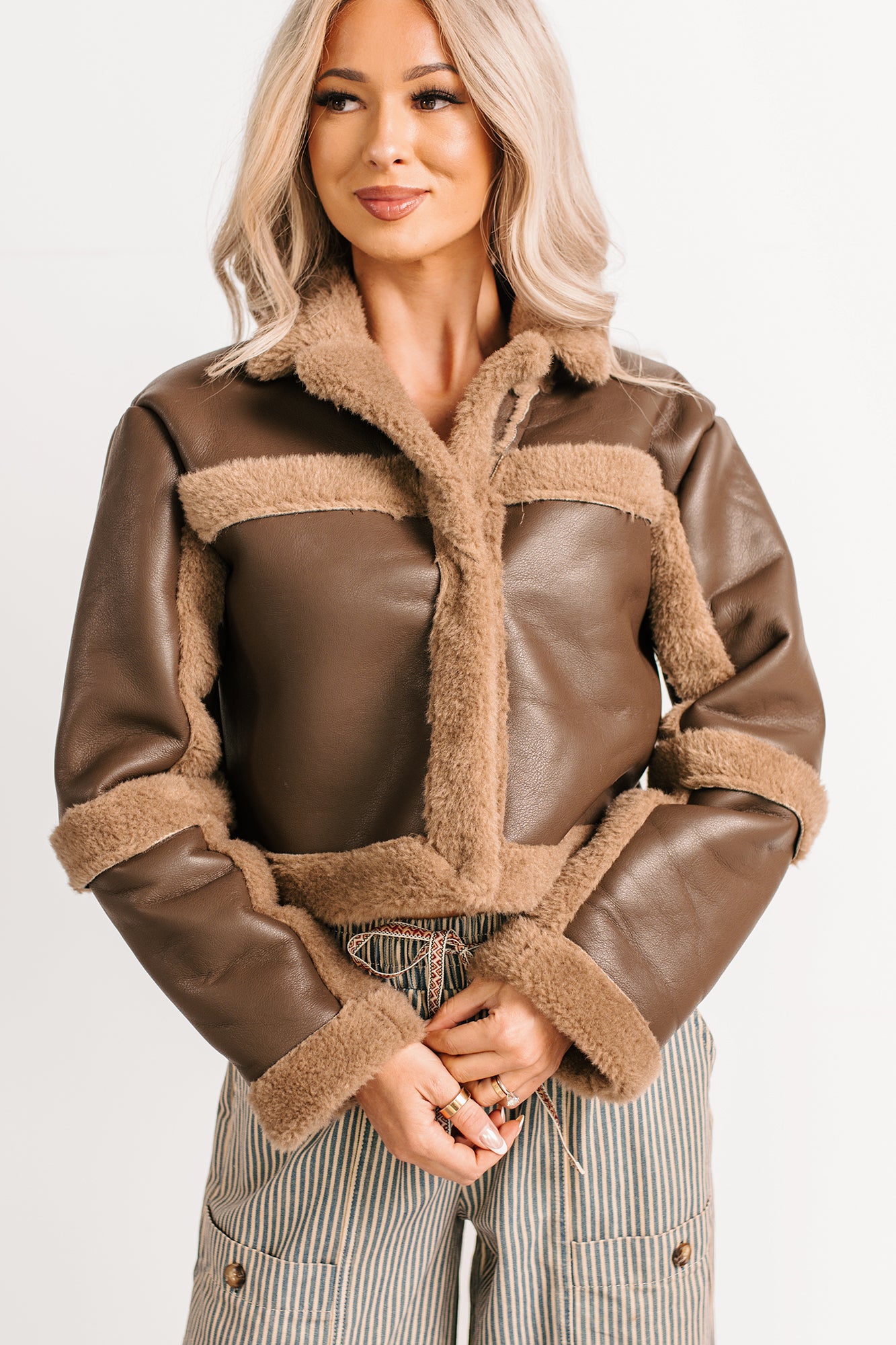 She’s Fire Faux Leather Fur Trim Crop Jacket (Chocolate) - NanaMacs