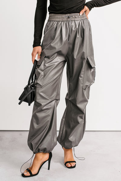 Don’t Be Shy Faux Leather Cargo Pants (Grey) - NanaMacs