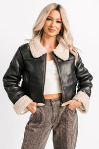 Serves You Right Sherpa Lined Faux Leather Jacket (Black) - NanaMacs