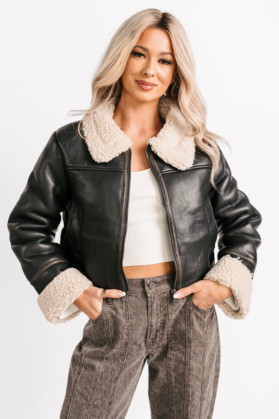 Serves You Right Sherpa Lined Faux Leather Jacket (Black) - NanaMacs