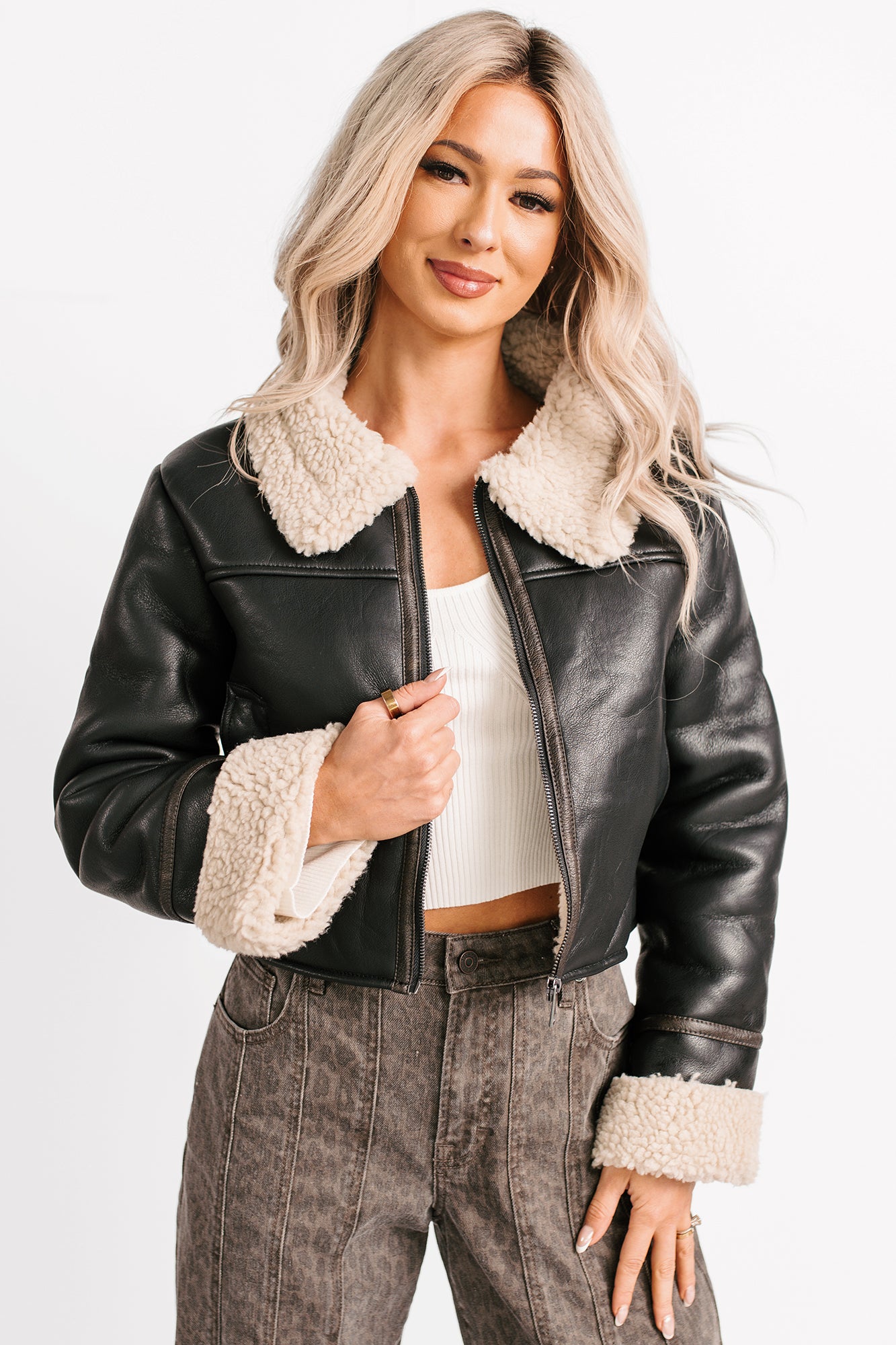 Serves You Right Sherpa Lined Faux Leather Jacket (Black) - NanaMacs