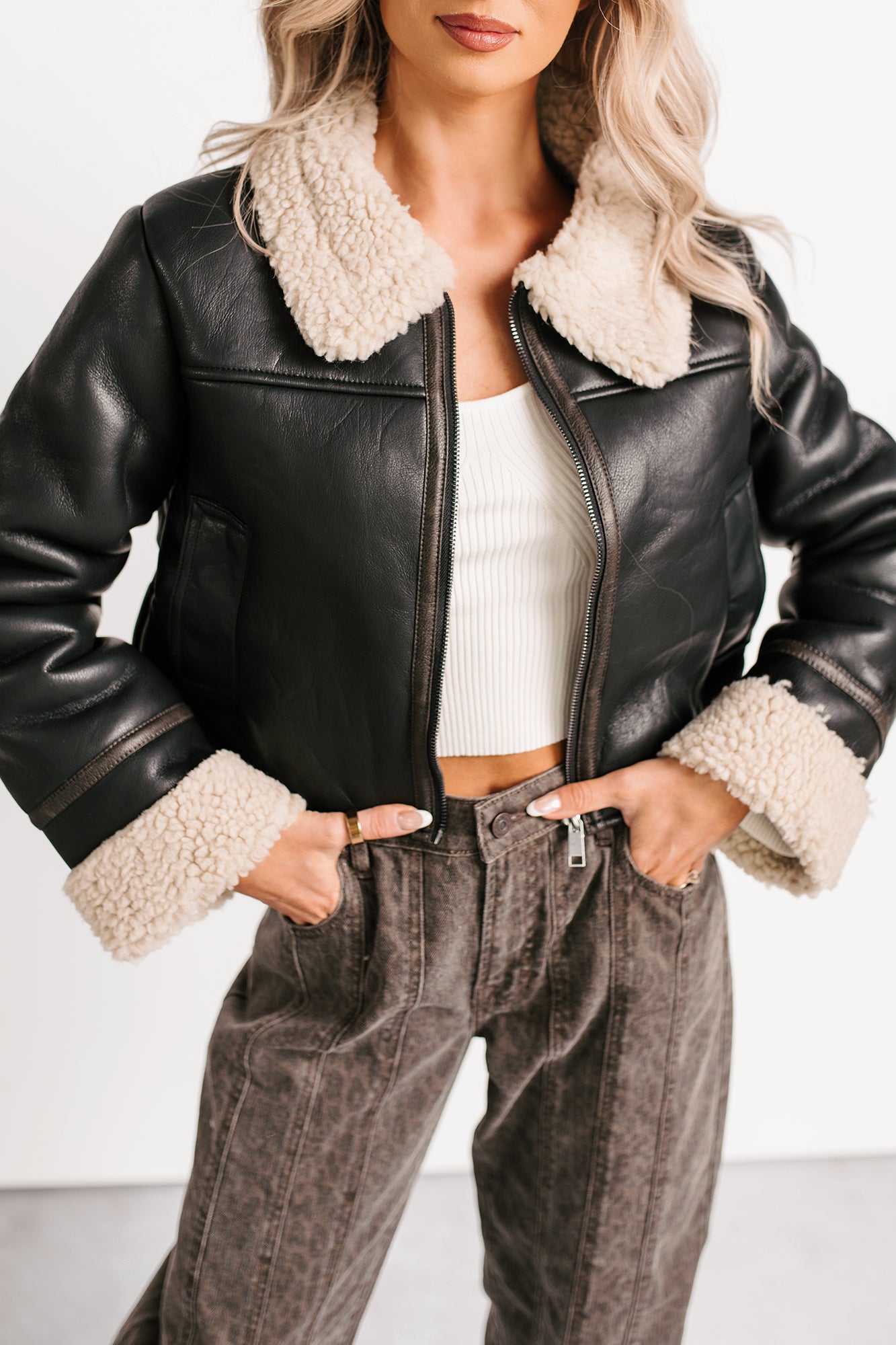 Serves You Right Sherpa Lined Faux Leather Jacket (Black) - NanaMacs