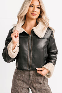 Serves You Right Sherpa Lined Faux Leather Jacket (Black) - NanaMacs