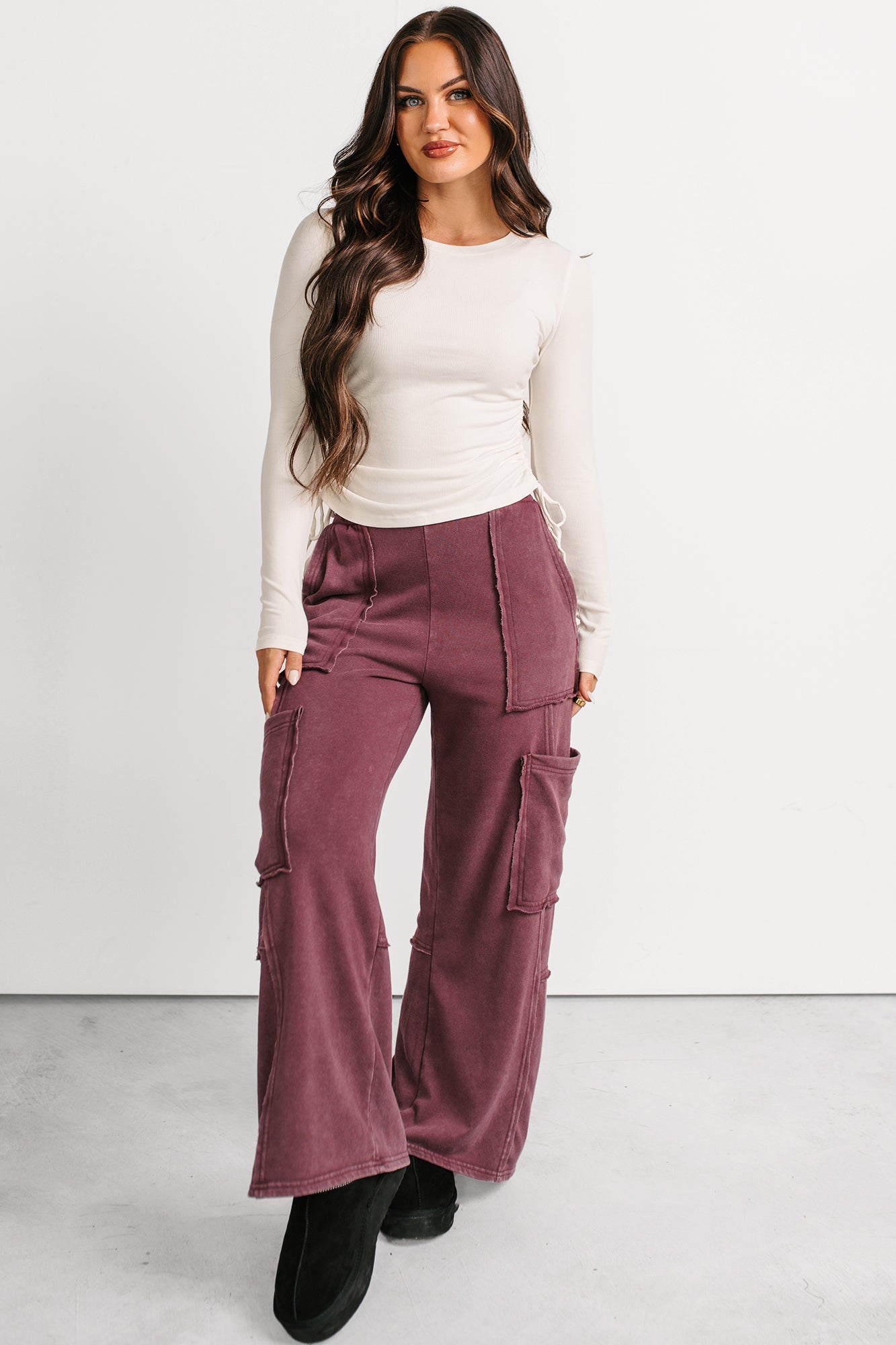 Rich Glow Ribbed Side Ruched Long Sleeve Top (Ivory) - NanaMacs