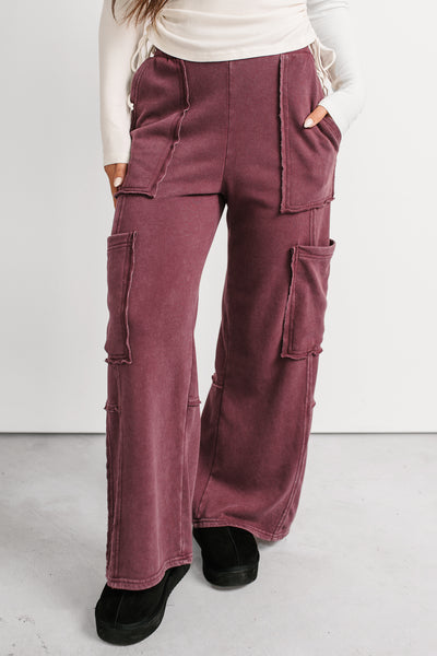Made Ready Wide Leg Cargo Sweatpants (Dark Cherry) - NanaMacs