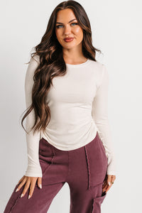 Rich Glow Ribbed Side Ruched Long Sleeve Top (Ivory) - NanaMacs