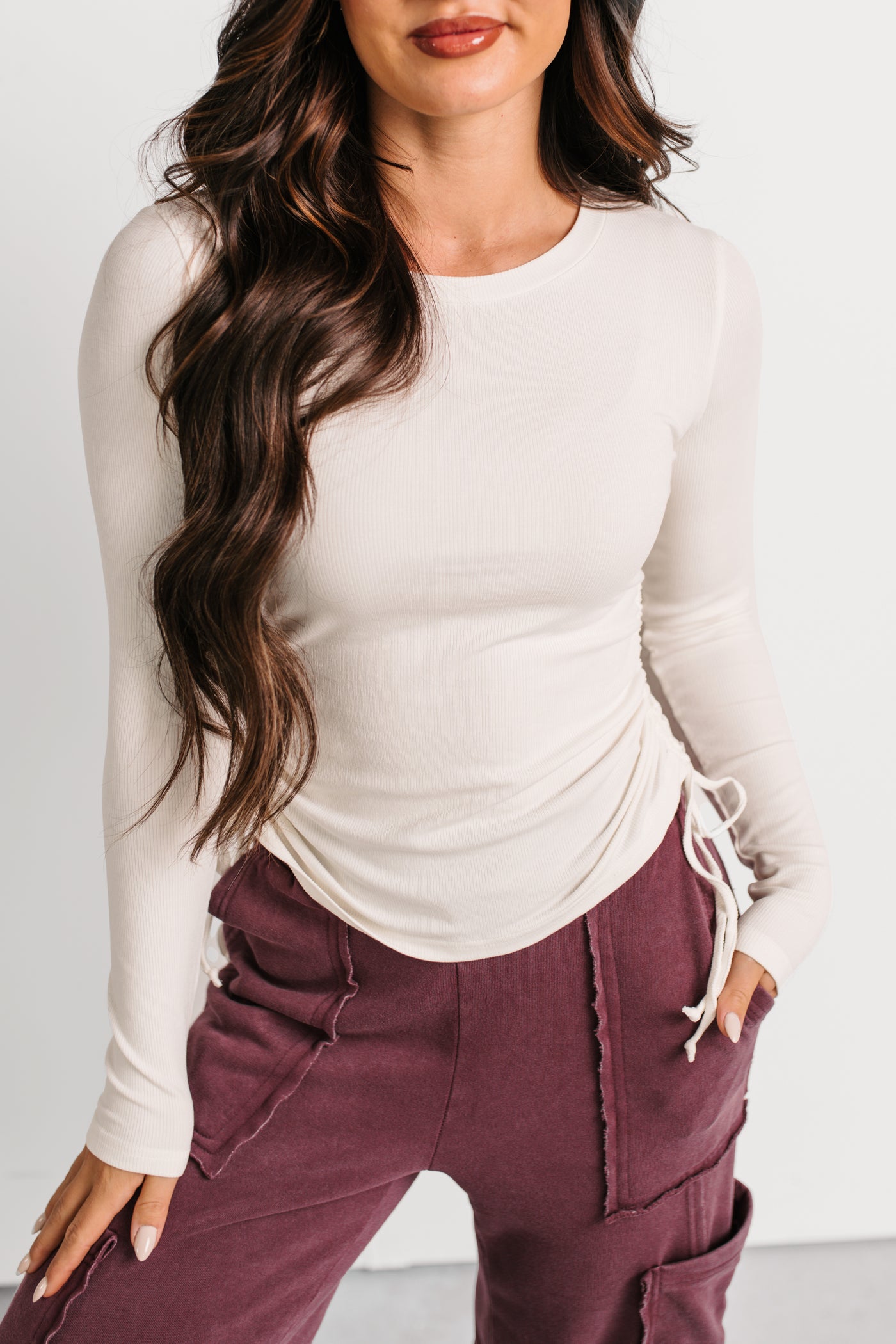 Rich Glow Ribbed Side Ruched Long Sleeve Top (Ivory) - NanaMacs
