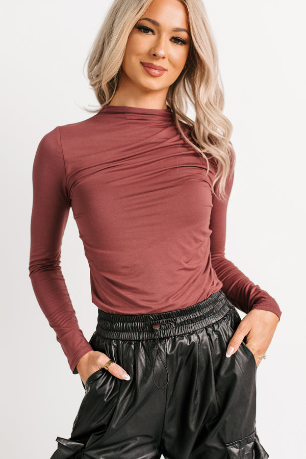 If You Knew Mock Neck Long Sleeve Top (Red Brown) - NanaMacs