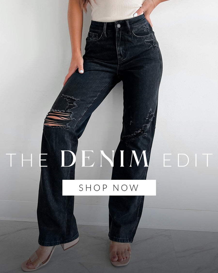 collage of models wearing denim jeans. Headline says "The Denim Edit" Call-to-Action says "Shop Now" and links to the denim jeans collection.