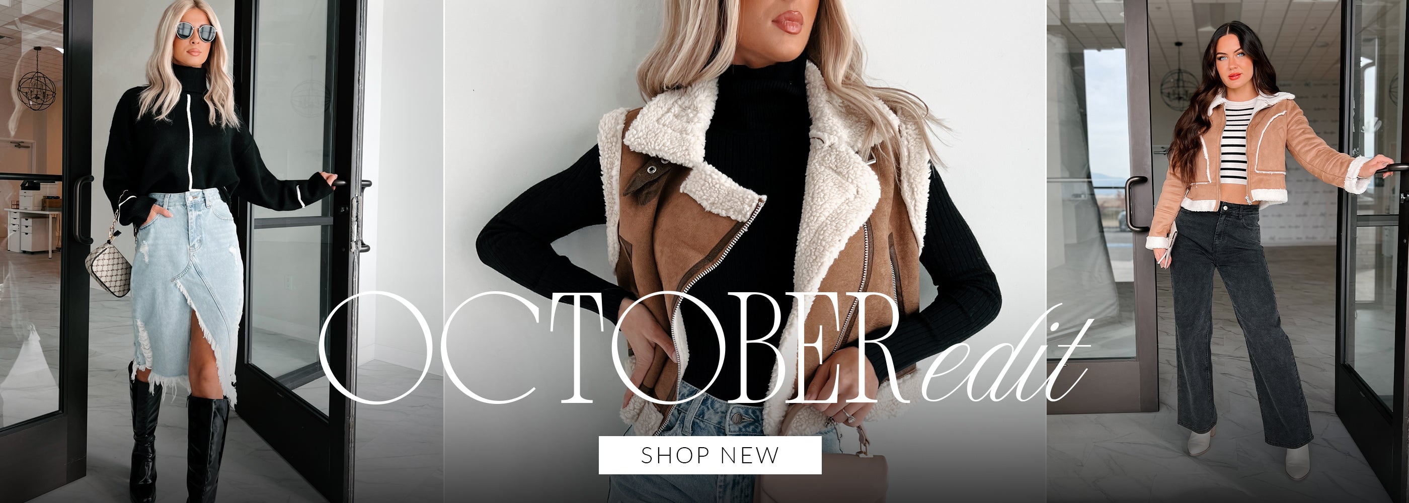 Collage of models wearing fall outfits with jackets vests and cozy tops. Headline says "Cozy October" Call to Action says "Shop Now" and links to New Arrivals. 